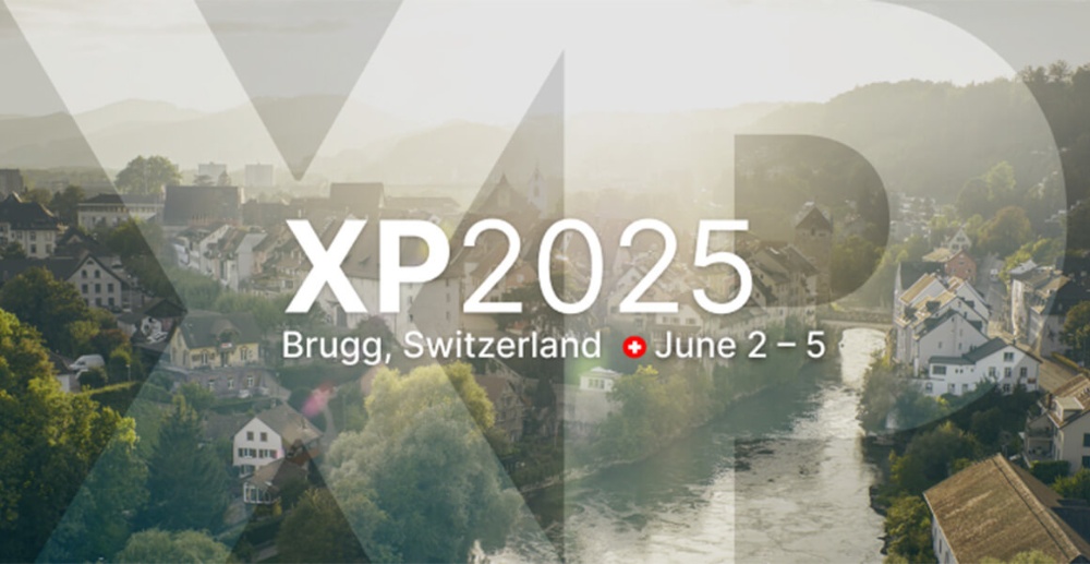 Logo and banner for the XP 2025 conference with a view of Brugg, Switzerland. The event takes place from June 2 to 5, 2025, with the town and surrounding landscape visible in the background.