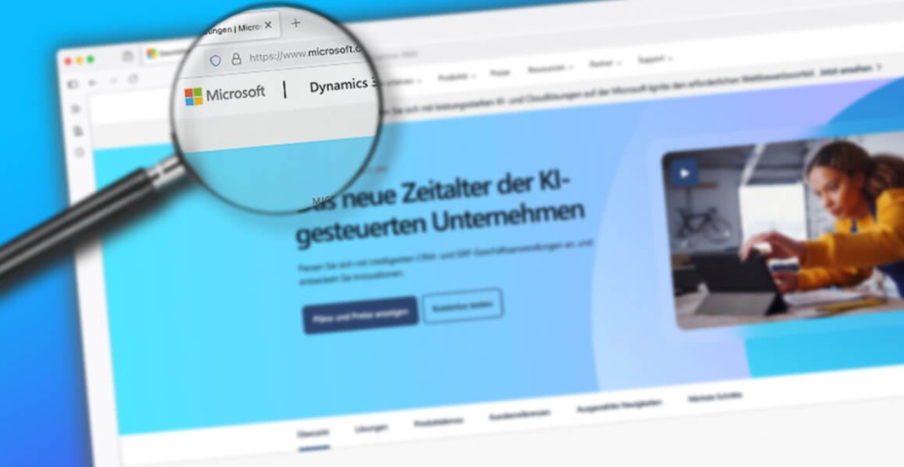 Screenshot of the Microsoft Dynamics website on blue background. A magnifying glass on top of the screenshot enlarges the Microsoft Dynamics logo.